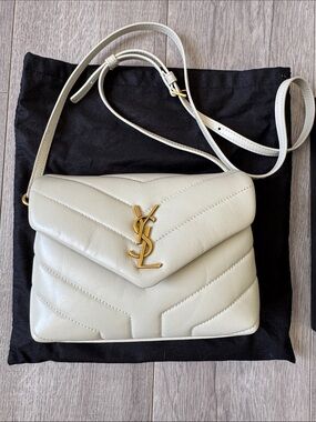 YSL Saint Laurent Toy Loulou Quilted Crossbody Bag Cream Leather Gold HW Box
